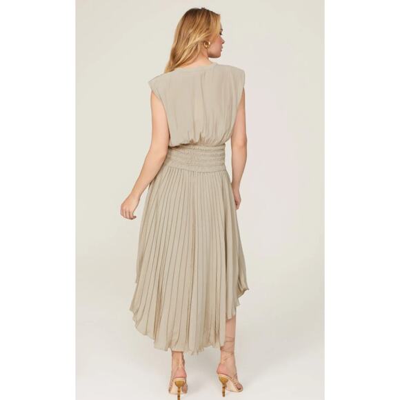 Ramy Brook Brown Crepe V-Neck Smocked Waist Midi Dress - Picture 3 of 11